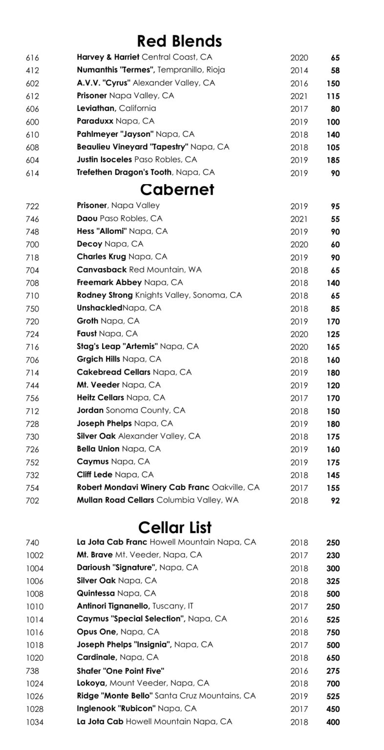 Tonys of Bowling Green Wine List